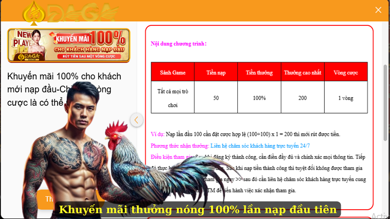 Khuyến mãi thưởng nóng 100% lần nạp đầu tiên